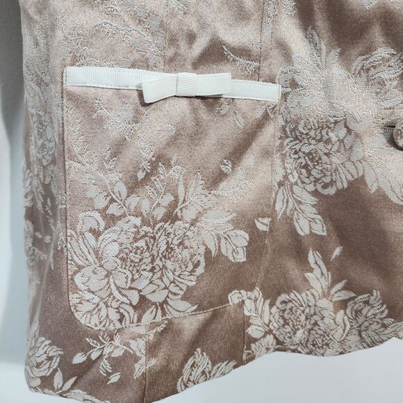 Susan Graver Jacket Large Floral Jacquard Ribbon Trim Button Tan Gold A44774 - Picture 8 of 14